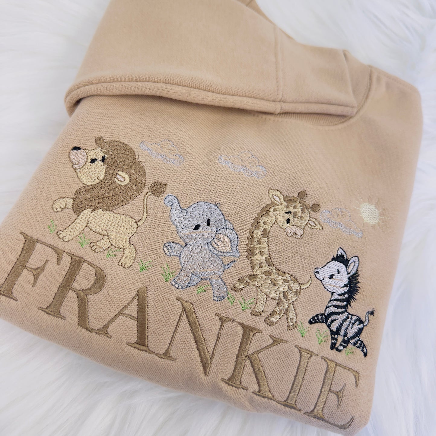 Personalised Children's Sweater with Lion, Zebra, Giraffe, and Elephant Embroidery - Custom Name Included