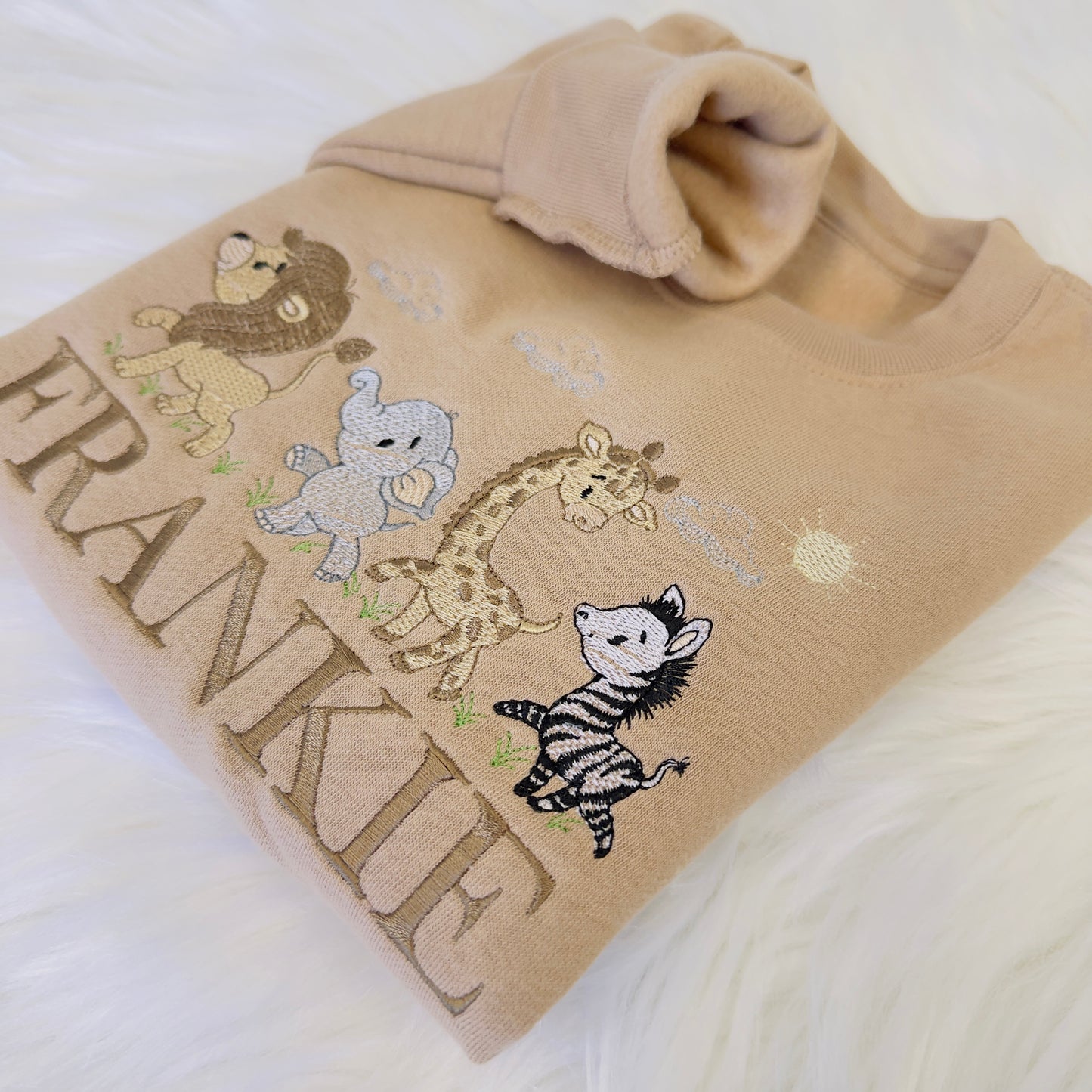 Personalised Children's Sweater with Lion, Zebra, Giraffe, and Elephant Embroidery - Custom Name Included