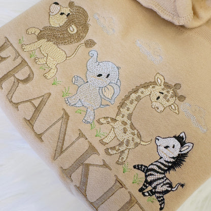 Personalised Children's Sweater with Lion, Zebra, Giraffe, and Elephant Embroidery - Custom Name Included