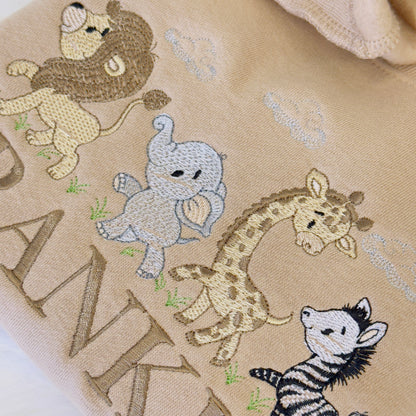 Personalised Children's Sweater with Lion, Zebra, Giraffe, and Elephant Embroidery - Custom Name Included