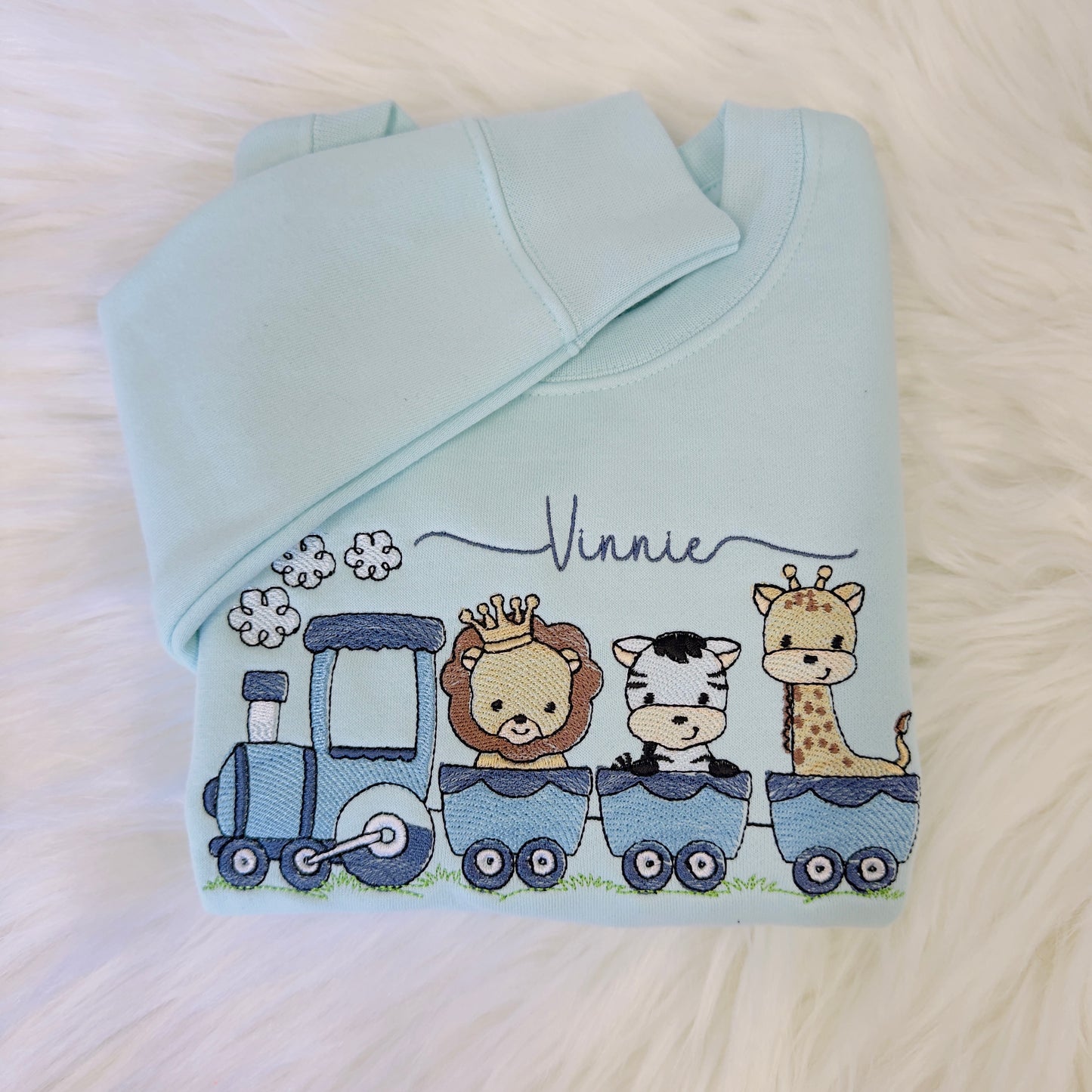 Super Soft Kids' Sweater with Safari Animal Train Embroidery - Personalised Gift Idea