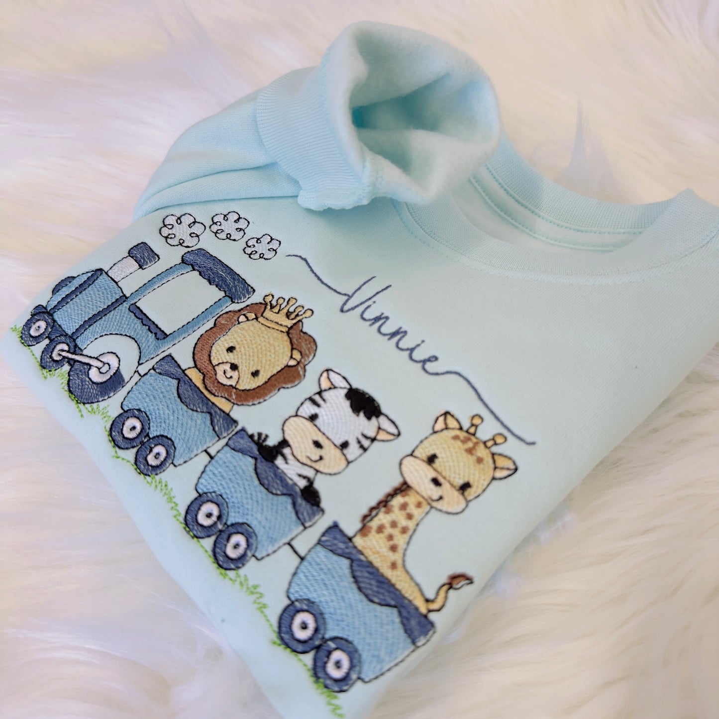 Super Soft Kids' Sweater with Safari Animal Train Embroidery - Personalised Gift Idea