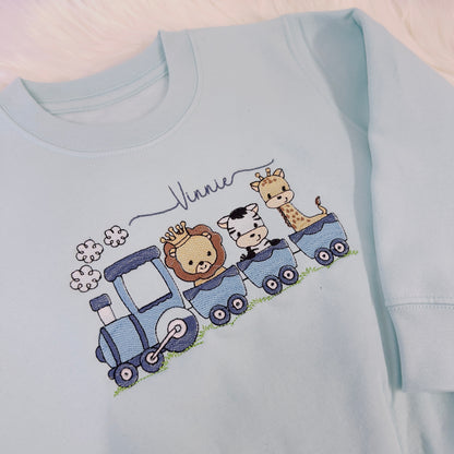 Super Soft Kids' Sweater with Safari Animal Train Embroidery - Personalised Gift Idea