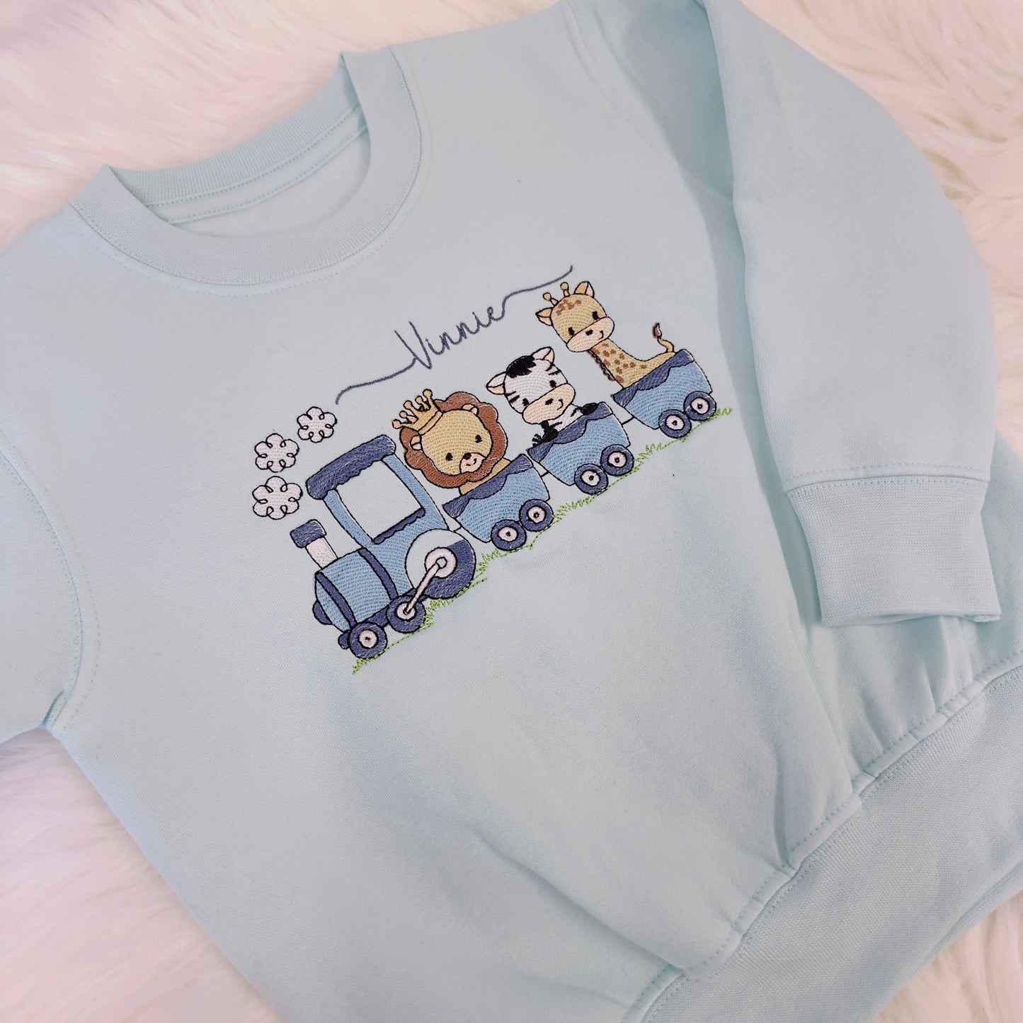 Super Soft Kids' Sweater with Safari Animal Train Embroidery - Personalised Gift Idea