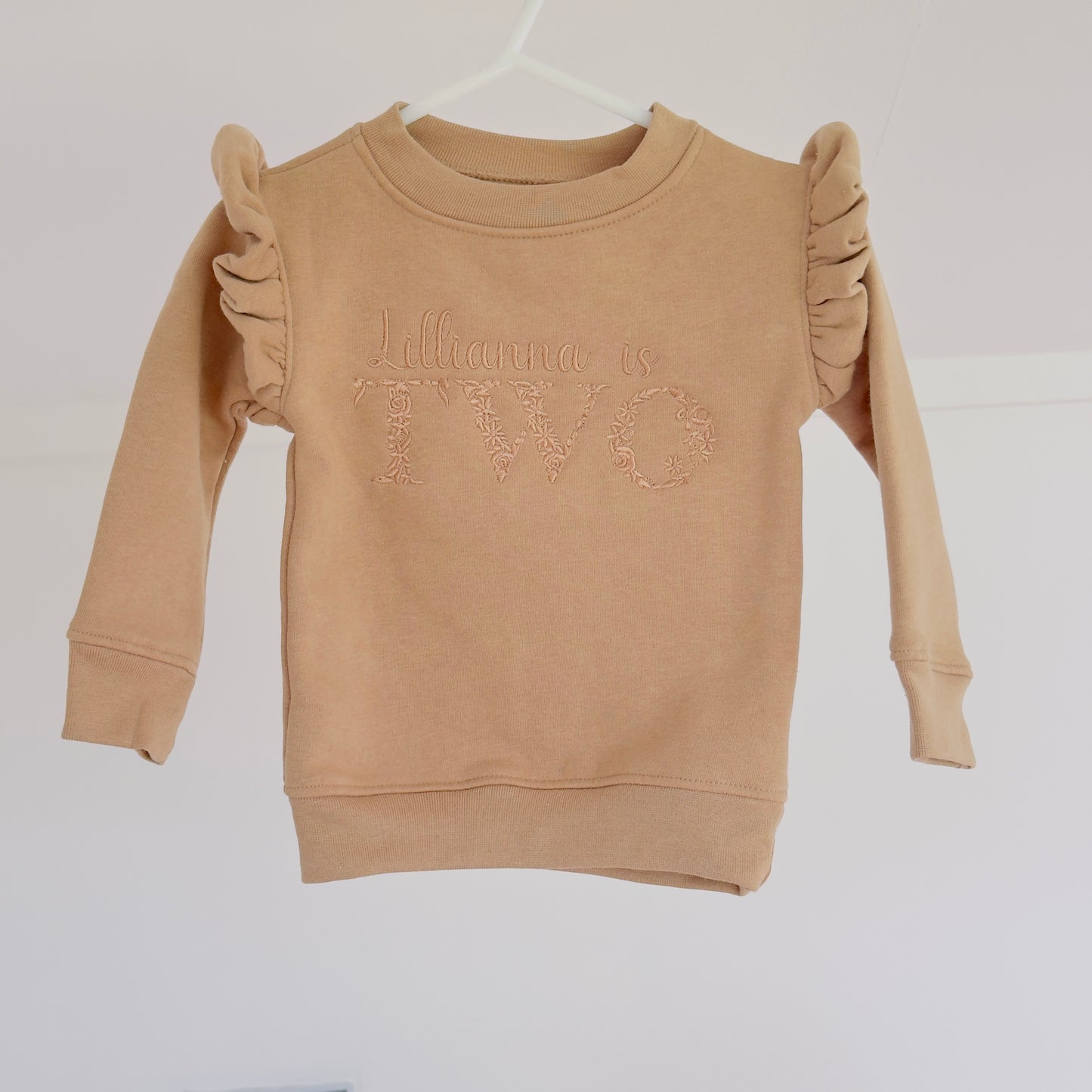 Girls Birthday Personalised Frilled Sleeve Sweatshirt With Floral Embroidery