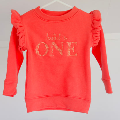 Girls Birthday Personalised Frilled Sleeve Sweatshirt With Floral Embroidery