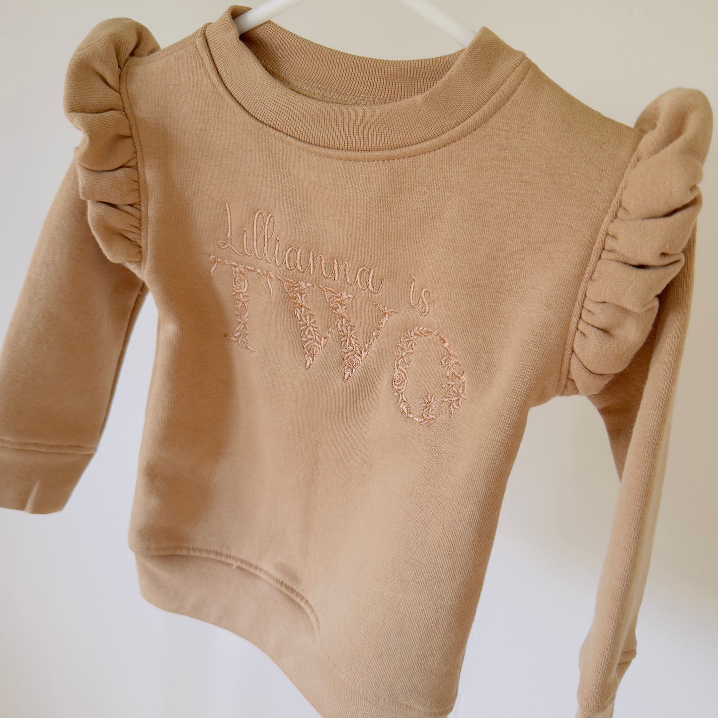 Girls Birthday Personalised Frilled Sleeve Sweatshirt With Floral Embroidery