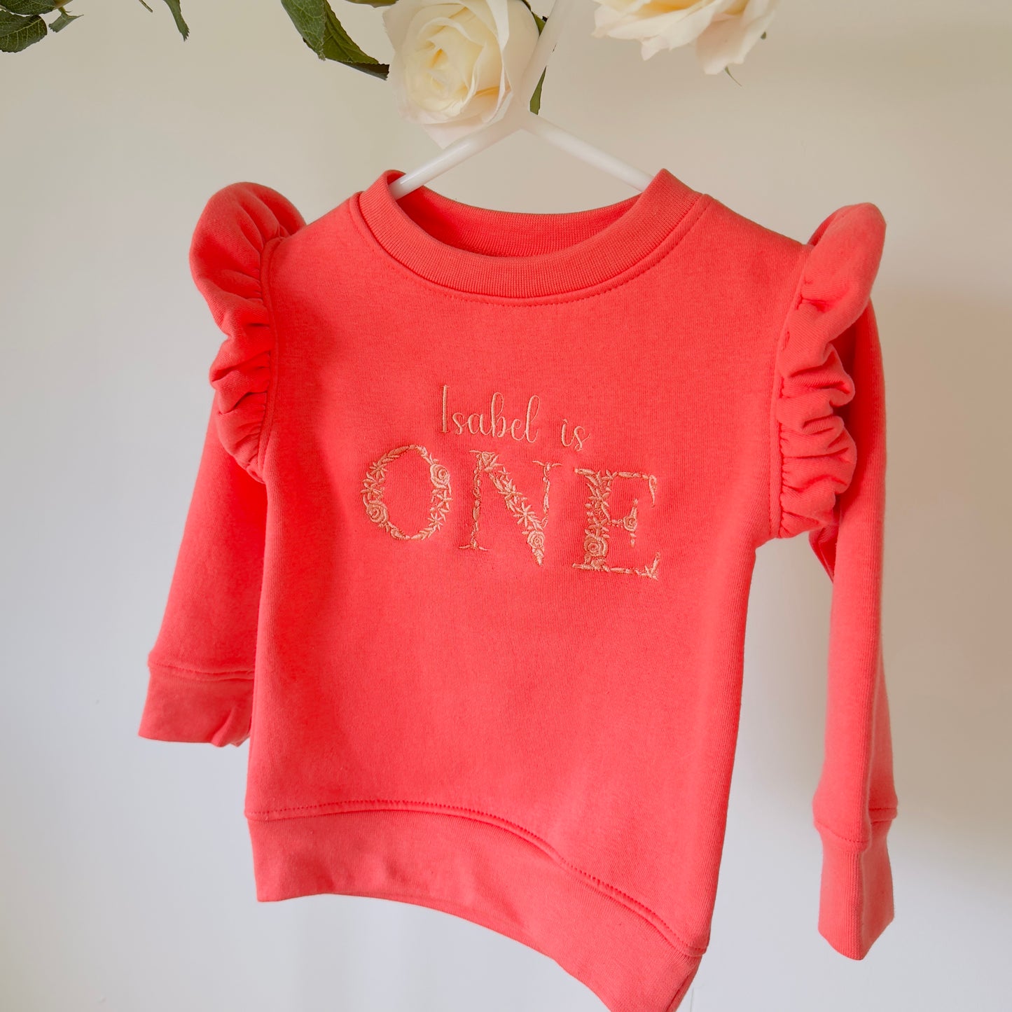 Girls Birthday Personalised Frilled Sleeve Sweatshirt With Floral Embroidery