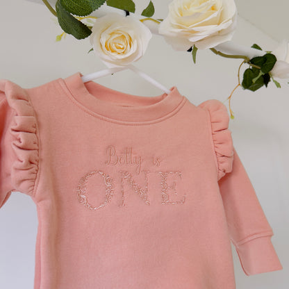 Girls Birthday Personalised Frilled Sleeve Sweatshirt With Floral Embroidery