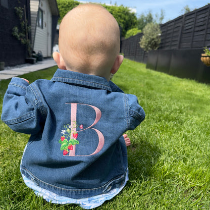 Toddler Personalised Denim Jacket with Embroidered Initial and Strawberry Plant – For Toddlers & Small Children