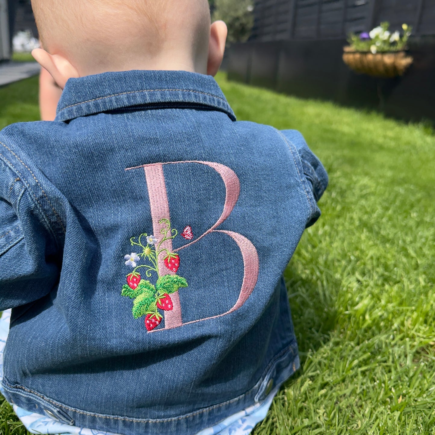 Toddler Personalised Denim Jacket with Embroidered Initial and Strawberry Plant – For Toddlers & Small Children