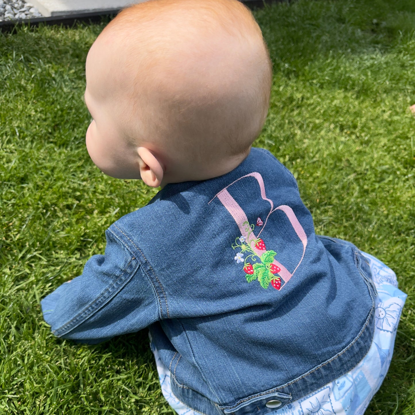 Toddler Personalised Denim Jacket with Embroidered Initial and Strawberry Plant – For Toddlers & Small Children