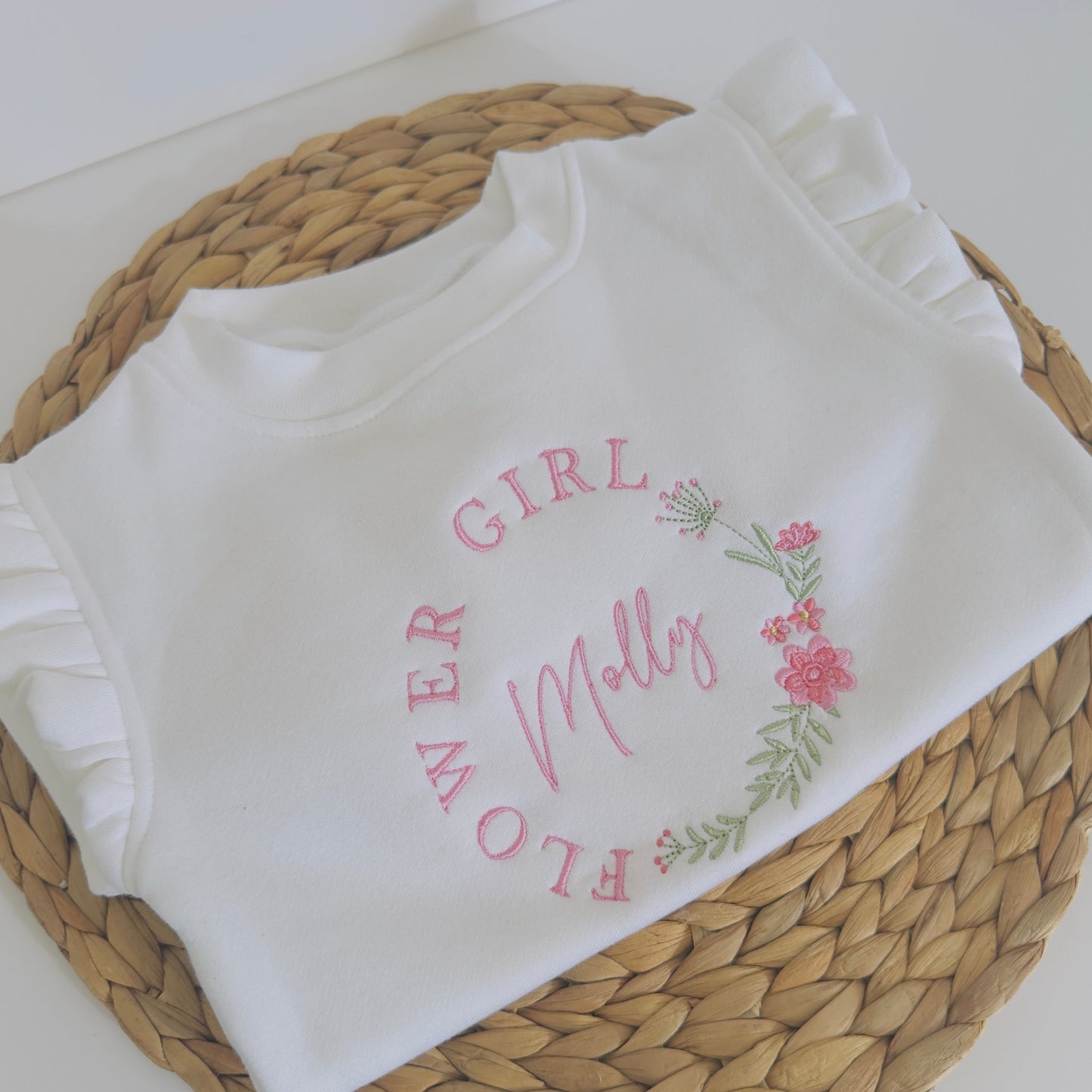 Adorable Flower Girl Sweatshirt with Embroidered Flower Wreath - Personalised Girls Sweater