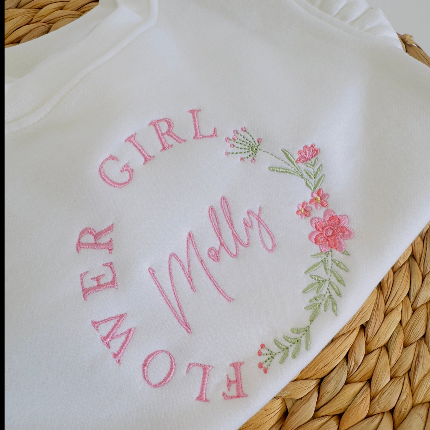 Adorable Flower Girl Sweatshirt with Embroidered Flower Wreath - Personalised Girls Sweater