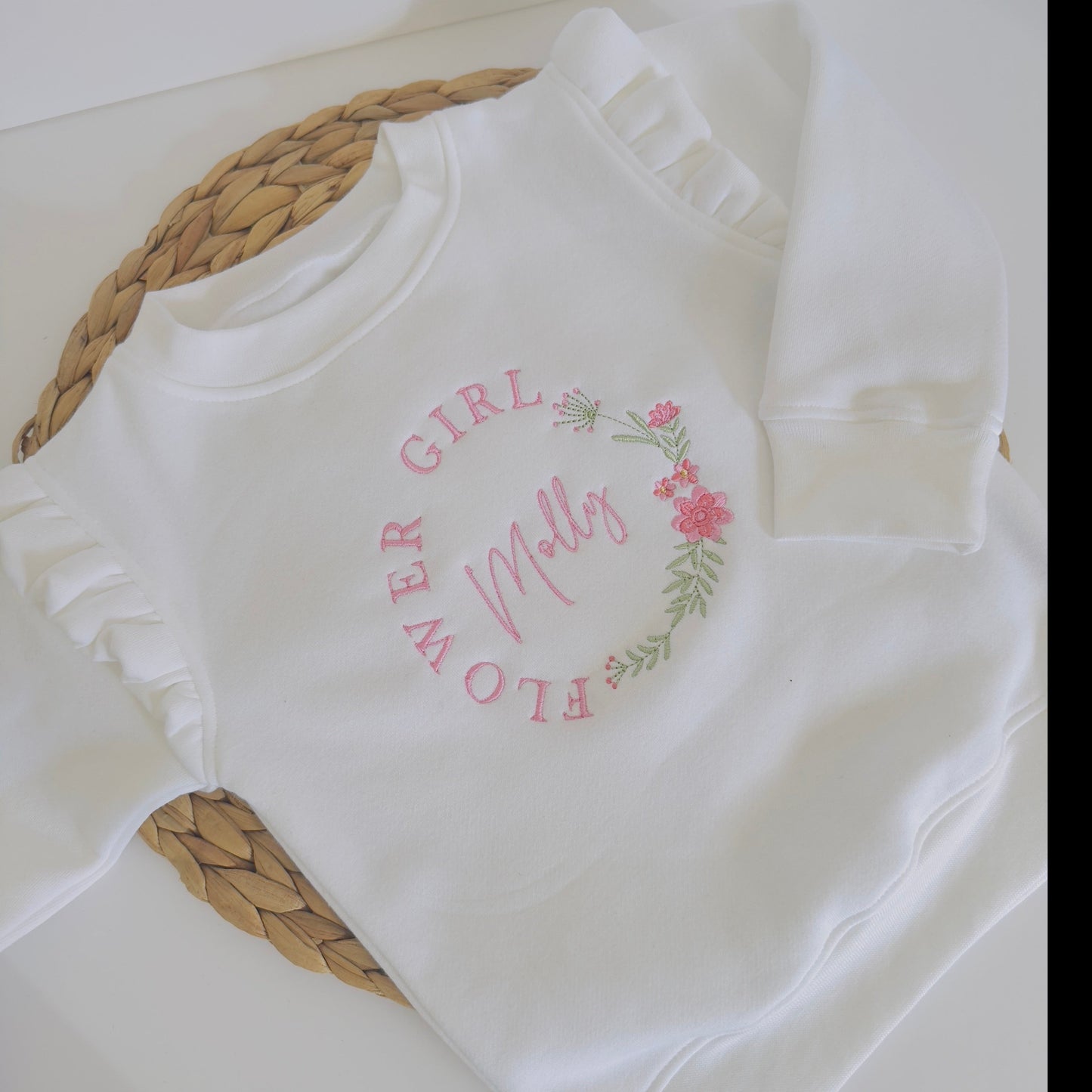 Adorable Flower Girl Sweatshirt with Embroidered Flower Wreath - Personalised Girls Sweater