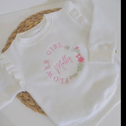 Adorable Flower Girl Sweatshirt with Embroidered Flower Wreath - Personalised Girls Sweater