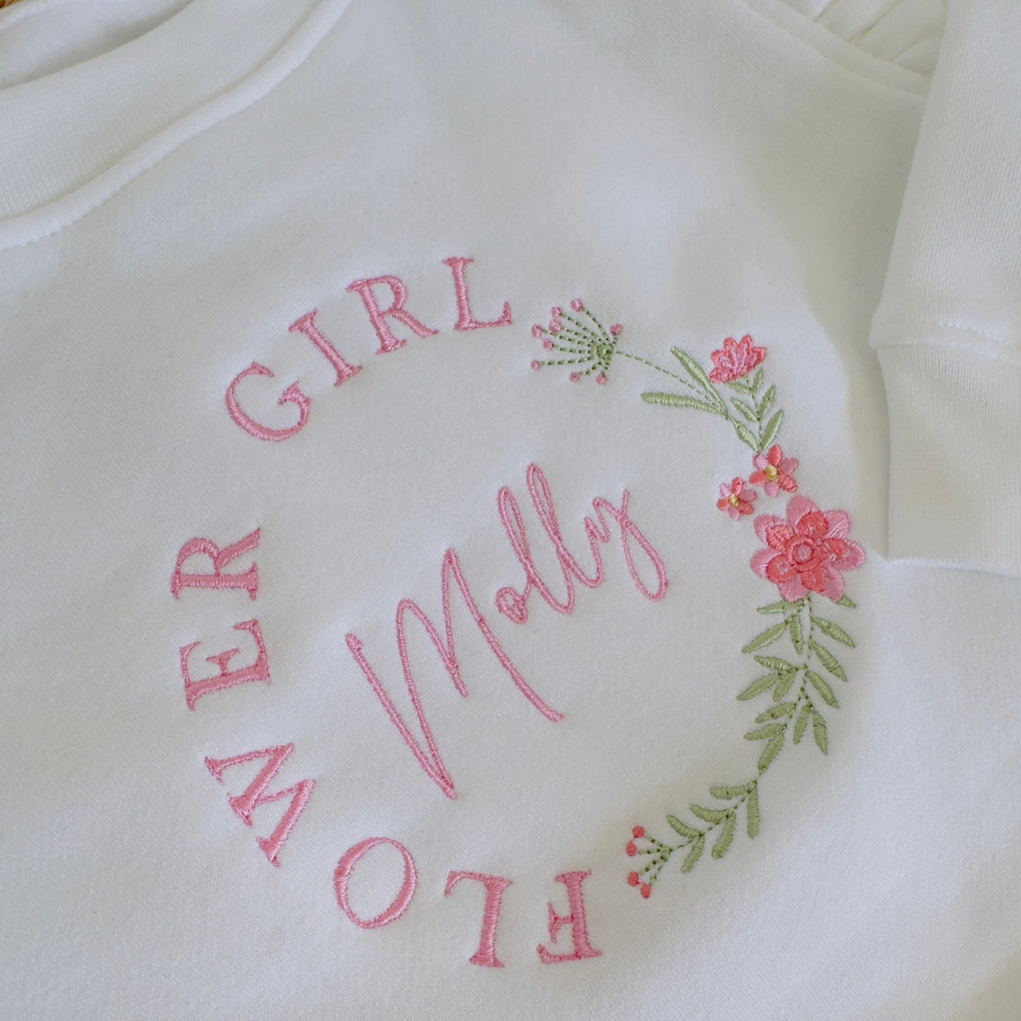 Adorable Flower Girl Sweatshirt with Embroidered Flower Wreath - Personalised Girls Sweater