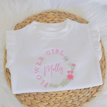 Adorable Flower Girl Sweatshirt with Embroidered Flower Wreath - Personalised Girls Sweater