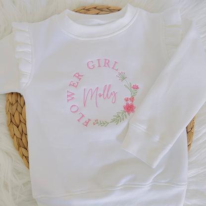 Adorable Flower Girl Sweatshirt with Embroidered Flower Wreath - Personalised Girls Sweater