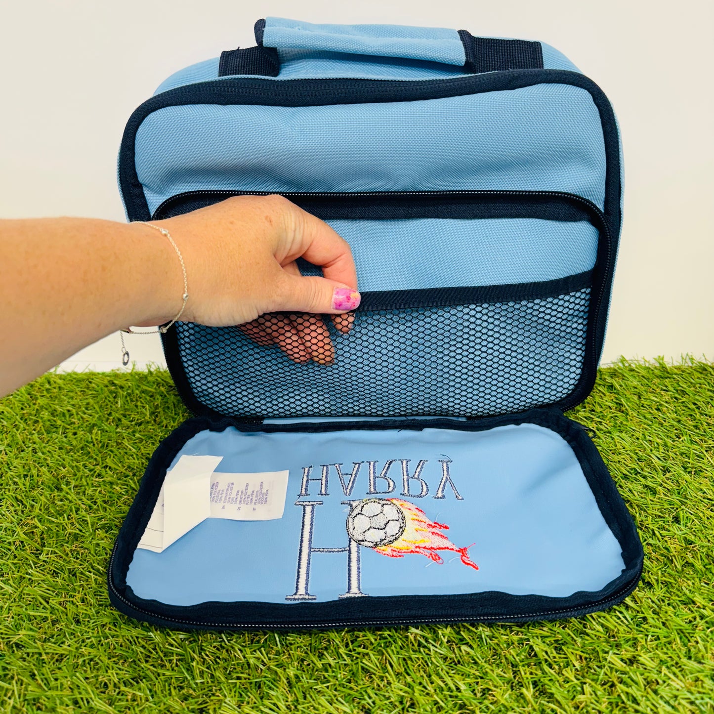 Personalised Football Insulated Lunch Bag with Dual Compartments and Carry Handle. Matching Flask Available