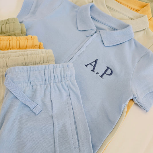 Personalised Boys Cotton Polo Shirt and Shorts Set with Initials Embroidered. Ages 6 months-10 years