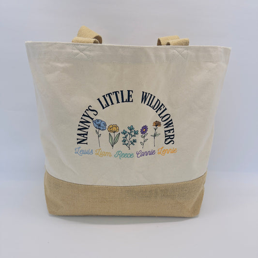 Nanny, Grandma, Granny Jute Shopping Bag With Wildflower Grandchildren Embroidery.