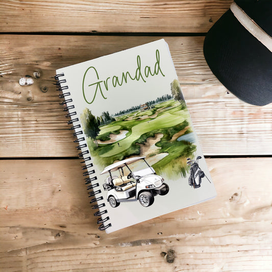 This is a golf design printed notebook. On the front a big watercolour golf course is printed along with a golf caddy and buggy too. Personalised with any name this is a lovely gift idea.