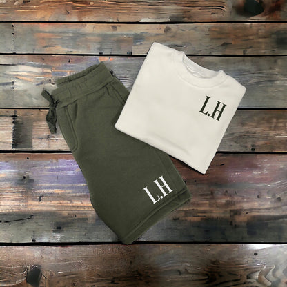 Personalised Kids White Top and Shorts Set | Custom Initials Print | Black, Navy or Khaki Shorts