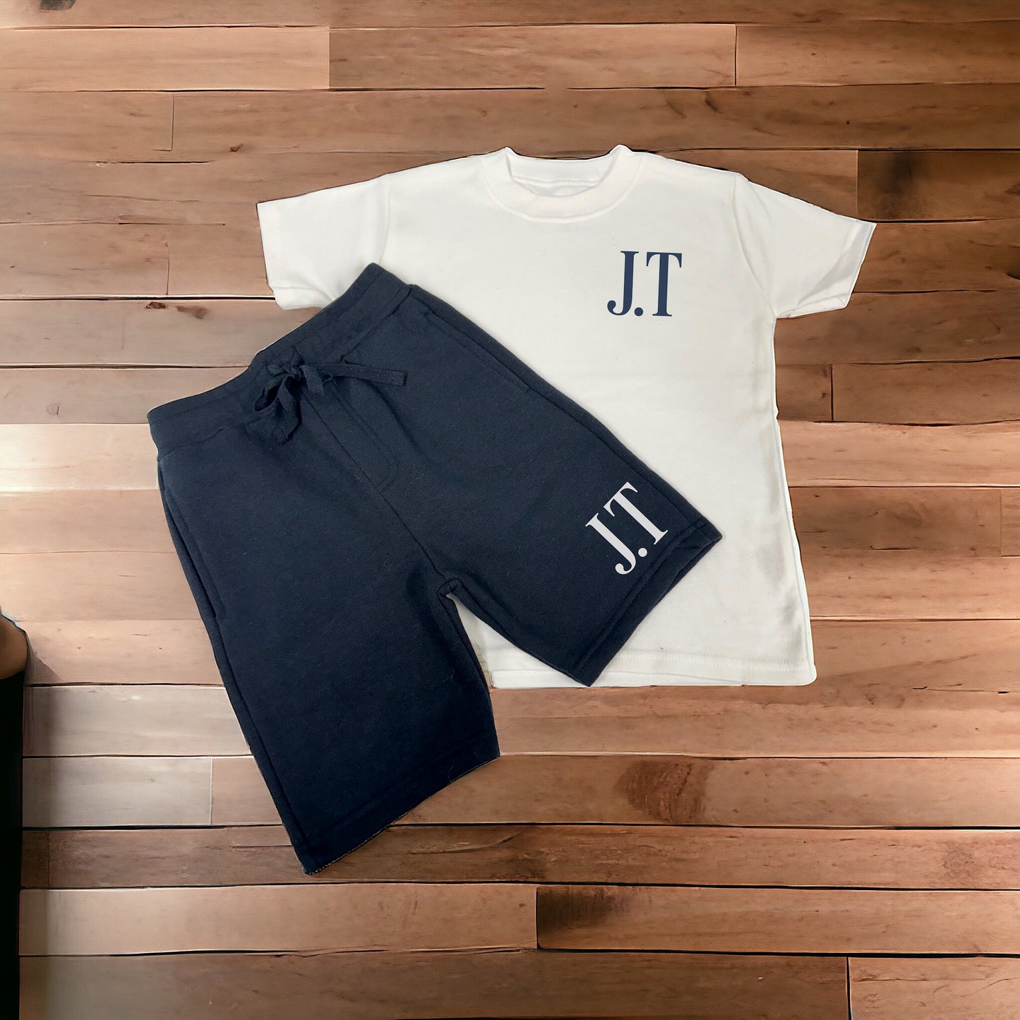 Personalised Kids White Top and Shorts Set | Custom Initials Print | Black, Navy or Khaki Shorts