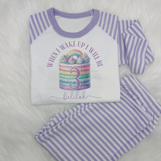 Purple Rainbow Cake Personalised When I Wake Up Purple Stripe Pyjamas