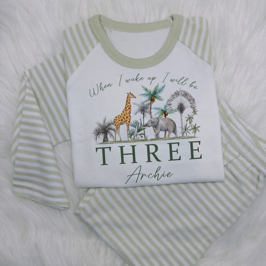 Safari Animals Personalised When I Wake Up Sage Stripe Pyjamas