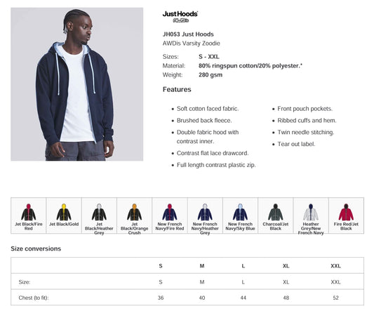 Unisex AWDis Zip Up Varsity Hoodie - Printed or Embroidered With Your Logo