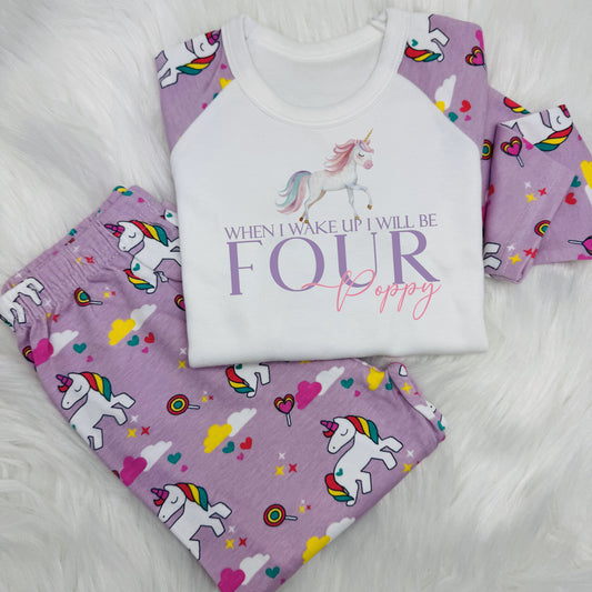 Dress your little one in this enchanting children's When I Wake Up I Will Be outfit, featuring colourful unicorns! 
These are super soft, long sleeve top and bottom and 100% cotton.
This personalised printed set is perfect for sparking imagination and creating magical moments. 
Make their birthday special with this unique and charming ensemble.

Please take a look at the size guide in the photos before ordering.