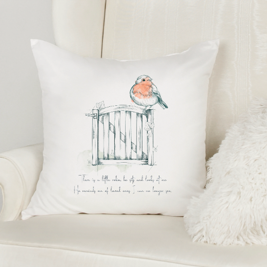 A super soft white velvet cushion printed with a memorial design. The design is a sketched wooden gate with a sketched robin sitting on it. There is a quote written below to help us remember loved ones who has passed.