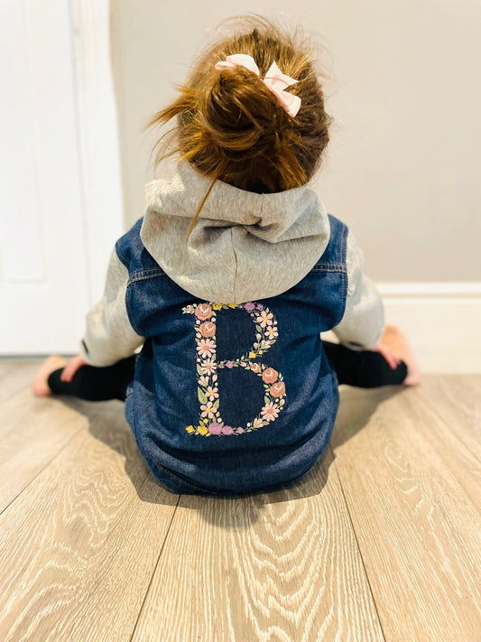 Trendy Girls Denim Jacket with Embroidered Floral Alphabet - Button Closure, Cotton Sleeves and Hood