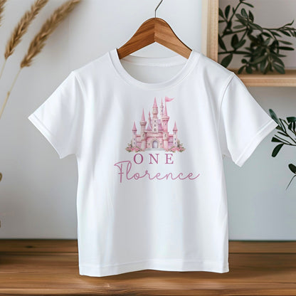 Personalised White Cotton T-Shirt with Princes Castle Birthday Design