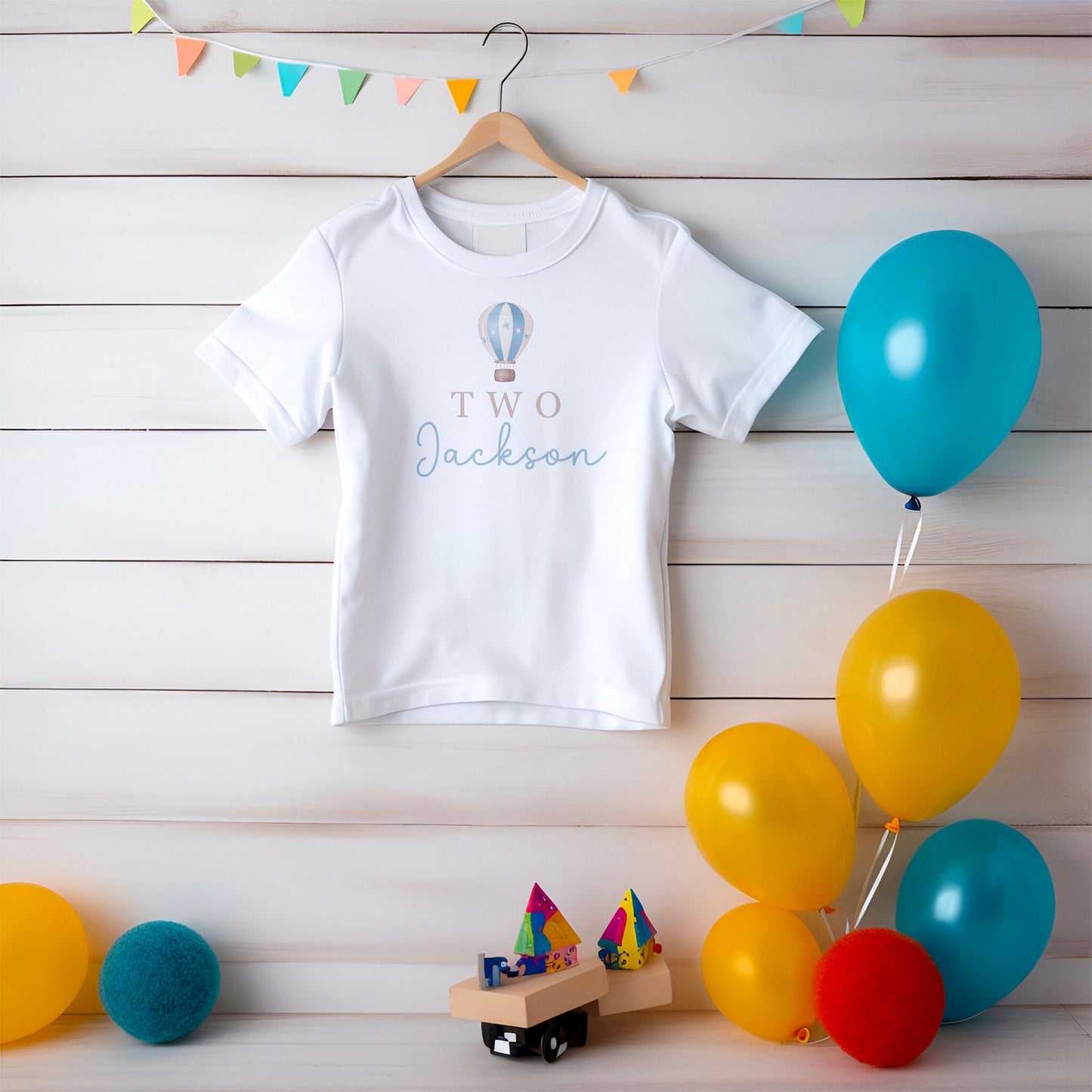 Blue Hot Air Balloon Kids Birthday T-Shirt - Personalised Cotton Shirt with Name and AgelogoAnalyze listing