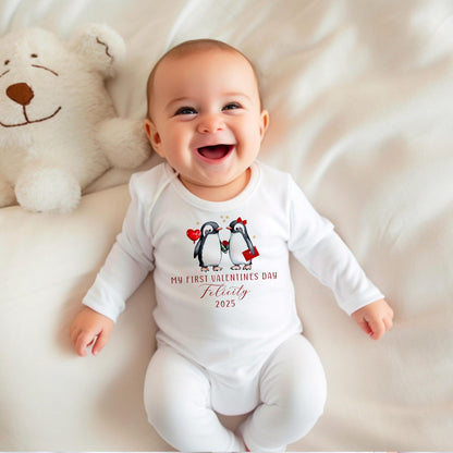 Cute Penguin Baby's First Valentines - Personalised, 100% Cotton Sleepsuit, Romper, T-Shirt