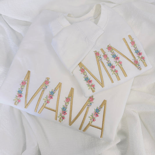 Embroidered Floral Mama and Mini Matching Sweatshirts Set. Cute Matching Jumpers