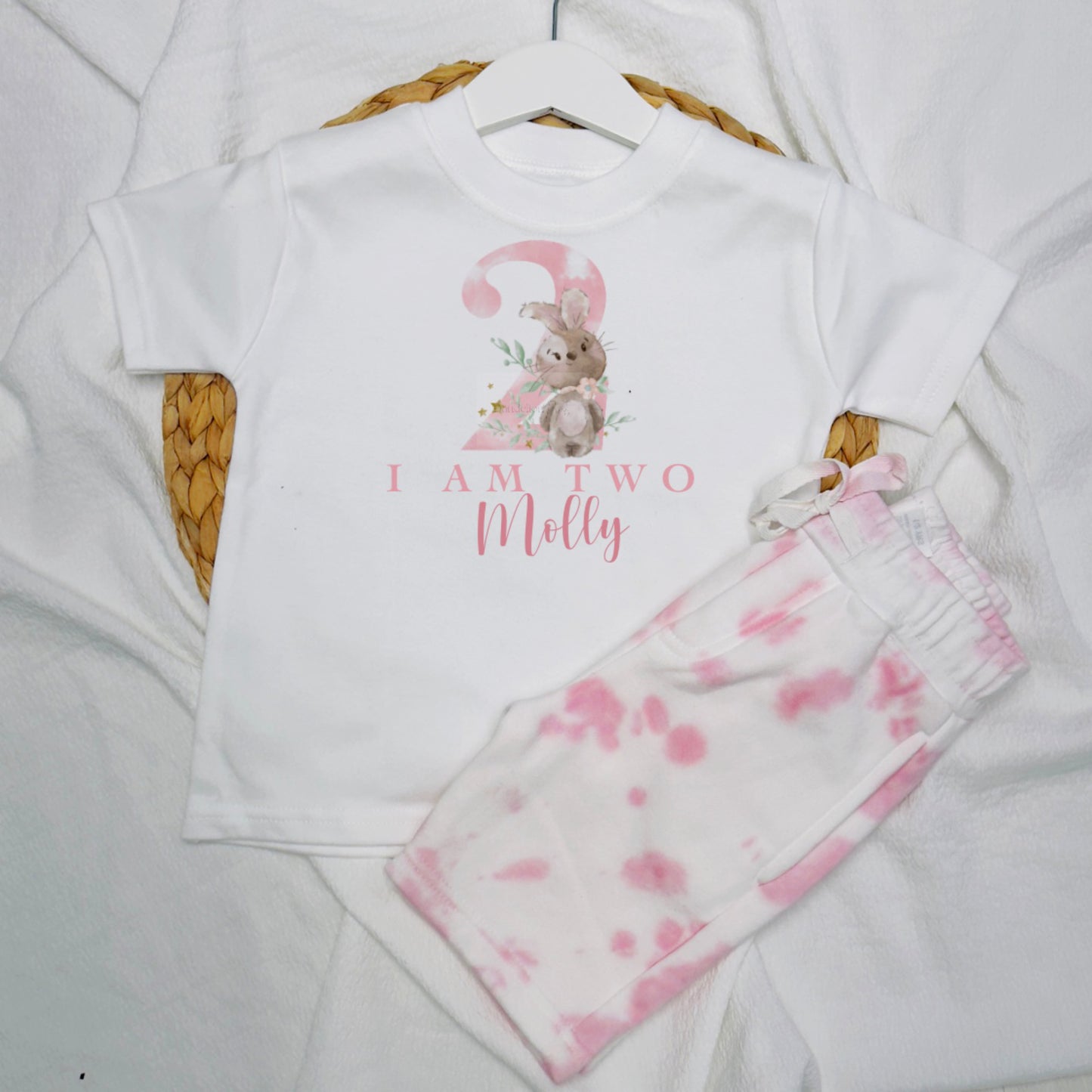 Kids Pink or Blue Birthday Outfit: Tie-Dye Shorts, Bunny Age T-Shirt, Personalised Set