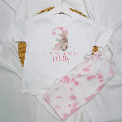 Kids Pink or Blue Birthday Outfit: Tie-Dye Shorts, Bunny Age T-Shirt, Personalised Set