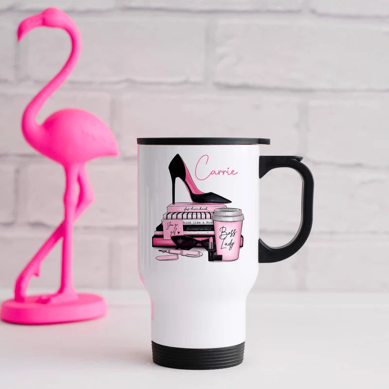 Personalised 14oz stainless steel travel mug with boss lady design printed on it. The design features vibrant pinks and black with female accessories.