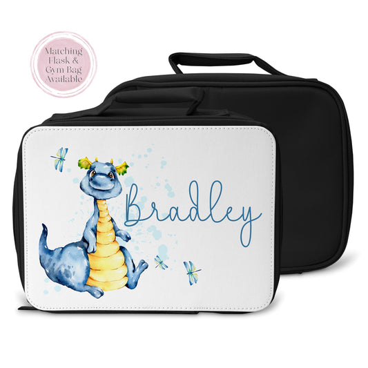 This is a black insulated, zipped lunch bag with a carry handle. On the front of the bag is a blue dragon sitting with little blue butterflies. A name is printed next to the image.