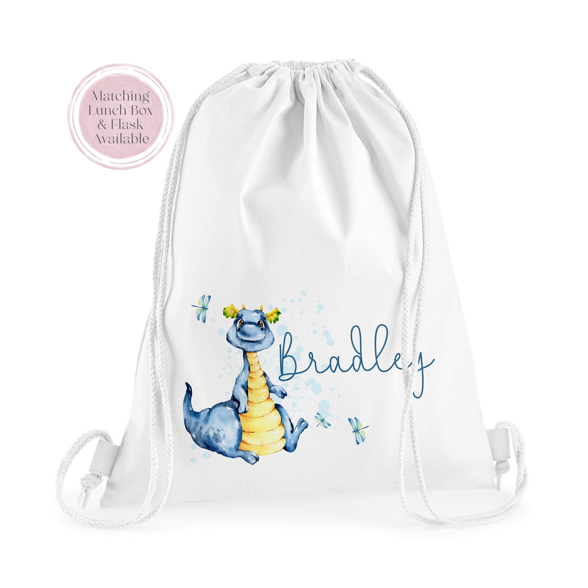 Image of a white PE bag with white drawstrings and a printed image to the front.  The image is of a blue dragon sat down with dragon flies flying and the name Bradley in blue to the side.