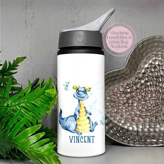 Image of a white metal flask with black top and drinking spout. The main body has a printed image of a blue dragon sat down with dragon flies and the name Vincent below.