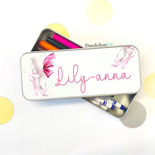 This is a lovely, elegant pencil tin printed with pretty pink ballet shoes. The print is watercolour. This is personalised with a name.