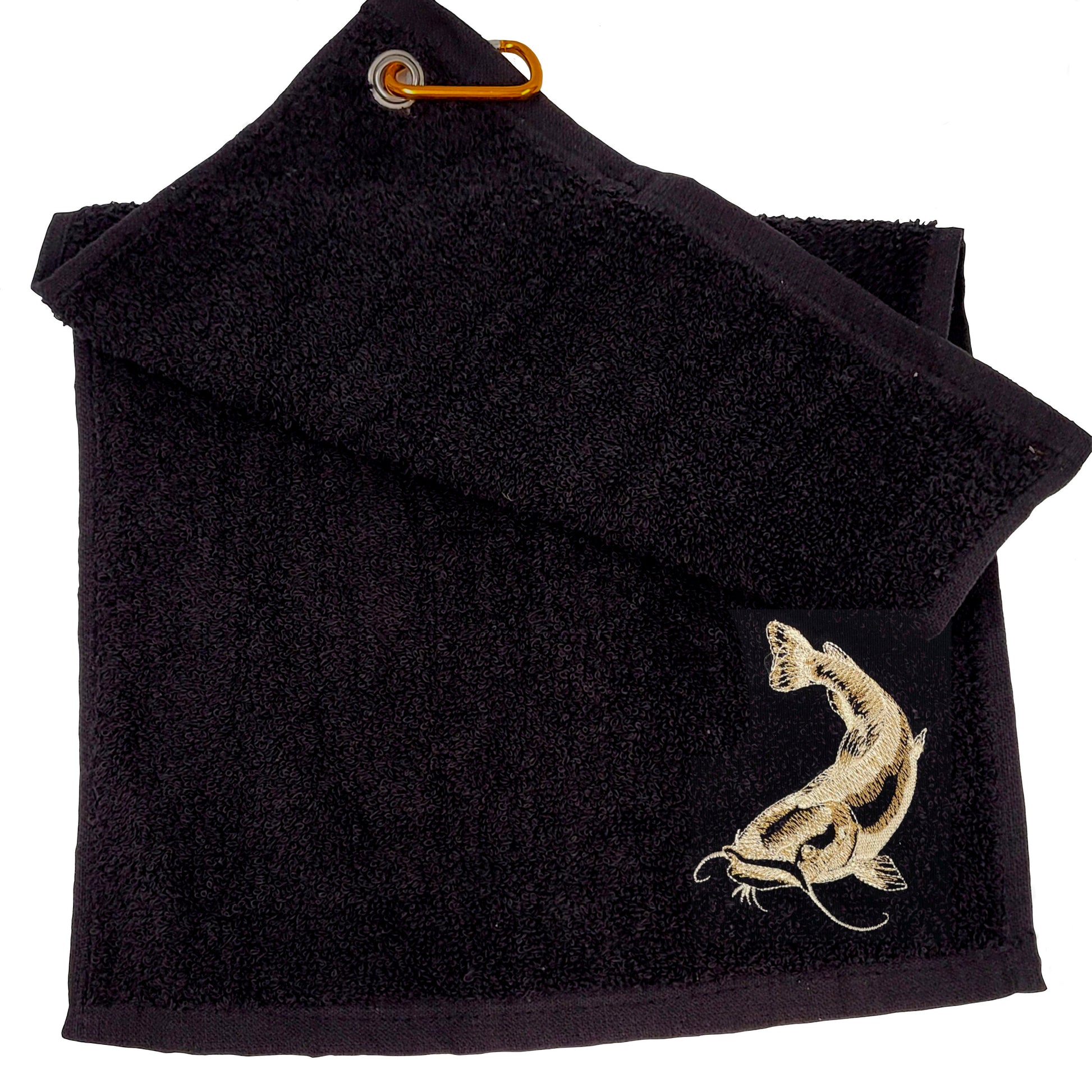 This is a 30x50cm Black towel with an eyelet and a carabiner. The idea of these bags is for them to hang on your fishing or tackle bags and use them to wipe your hands. These belts have a catfish, pike, salmon, perch or carp embroidered on them