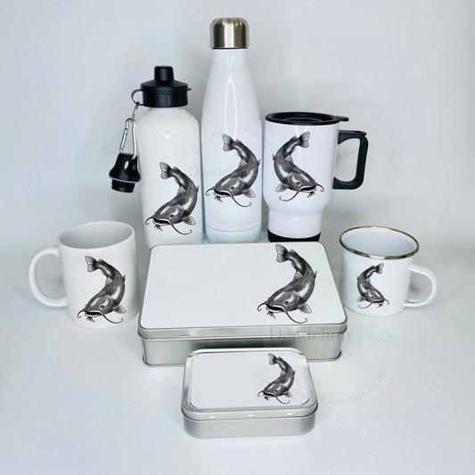 Multiple catfish accessories gifts including drinks flasks, mugs, travel mugs, enamel mugs and tins. If you’re looking for a gift for a fisherman you’re sure to find something here.