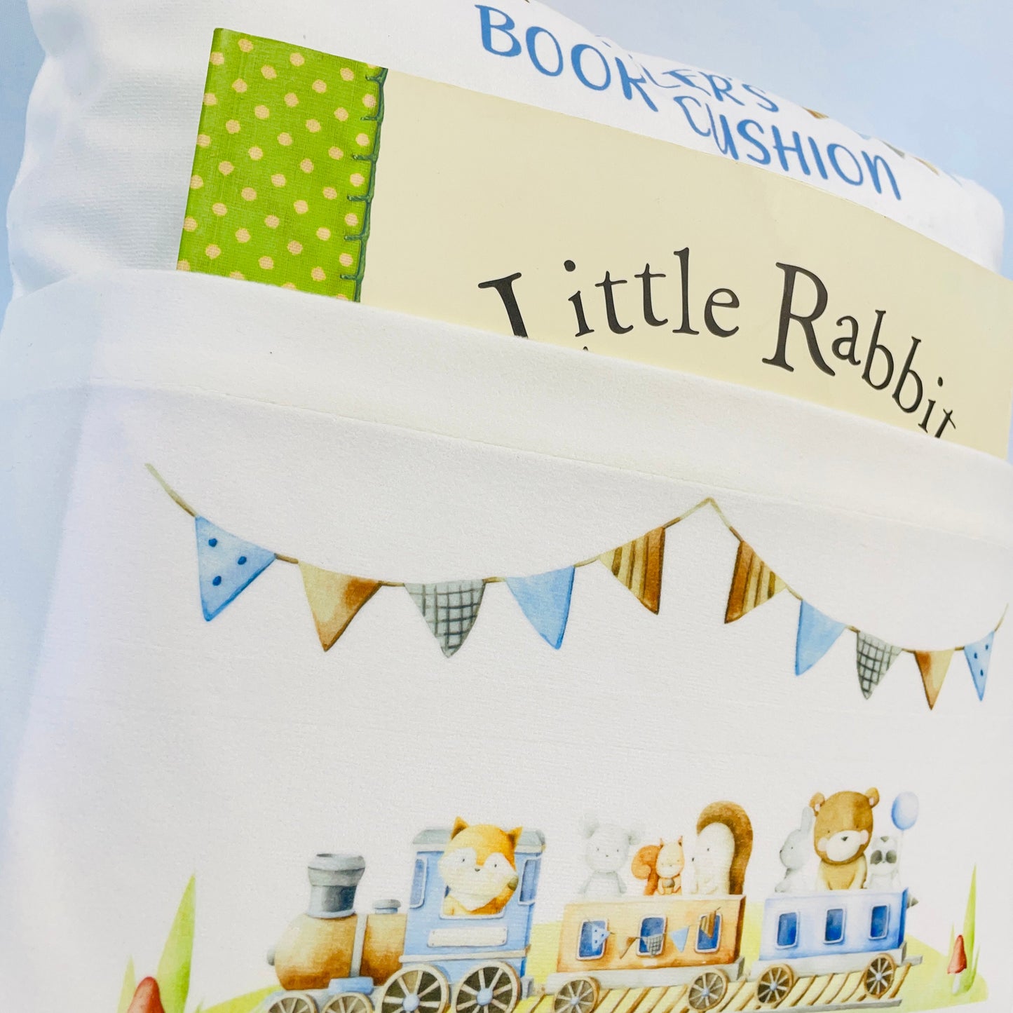 Personalised Little Animals on a Train Children's Book Storage Cushion - Toy Organiser and Comfy Pillow