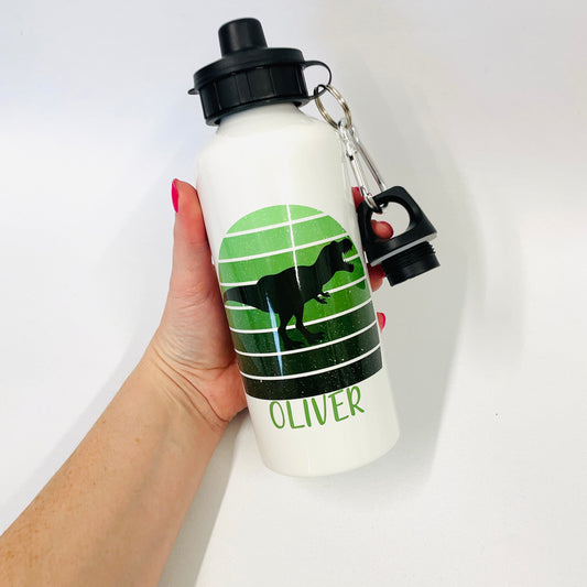 This is a 600ml flask with two lids. One lid is a screw cap the other is a pull spot. The flask is printed with an ombre green faded egg and the silhouette of a T-Rex infront. Personalised with a name at the bottom of the design.